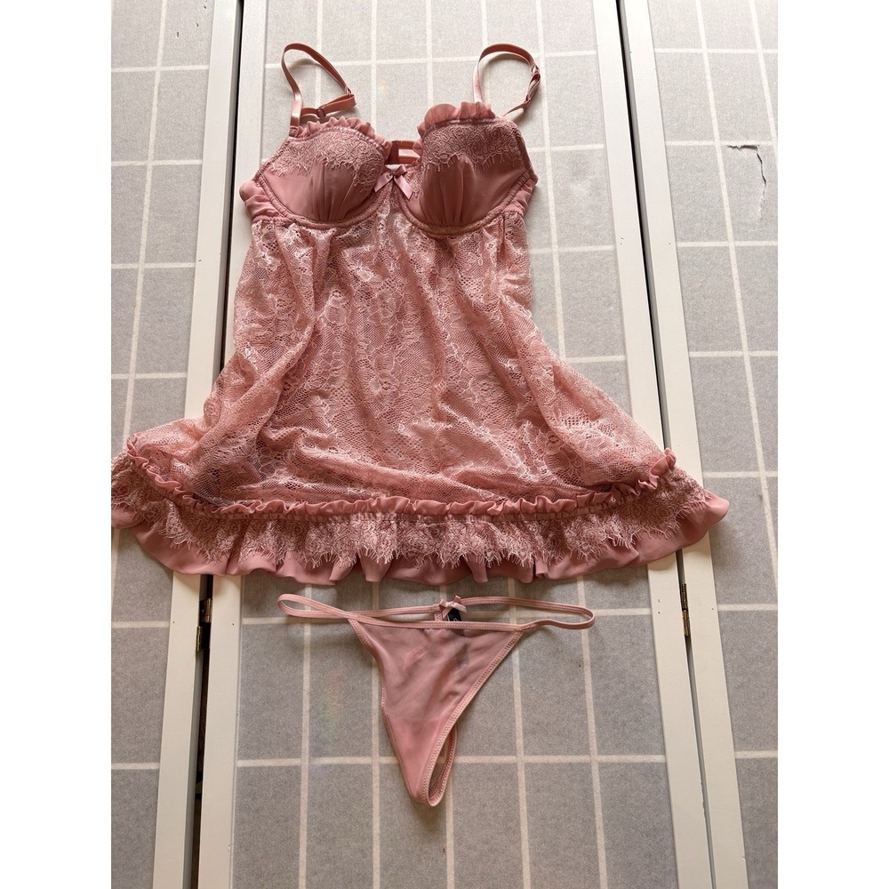 NWT Victorias Secret Pretty Little Things Babydoll Nightie 34C Thong Pink Small